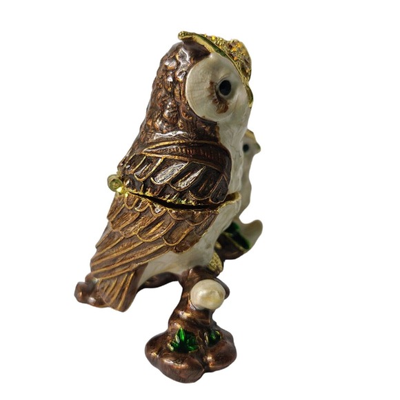 Pier 1 Owl with Baby Figurine Cloisonné Rhinestone Trinket Box Jewelry Holder - Picture 6 of 14